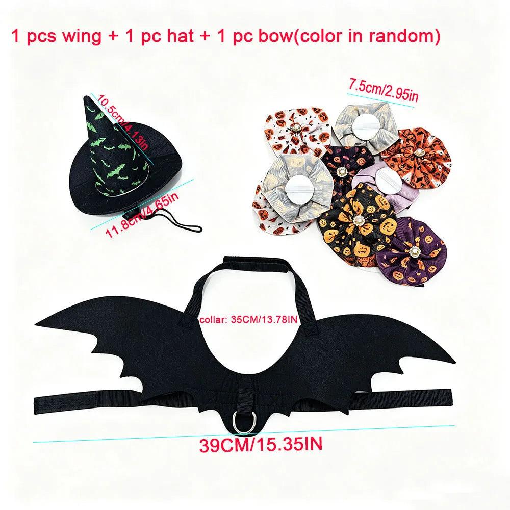 3-Piece Halloween Pet Costume Set – Witch Hat, Bat Wings & Bow Tie