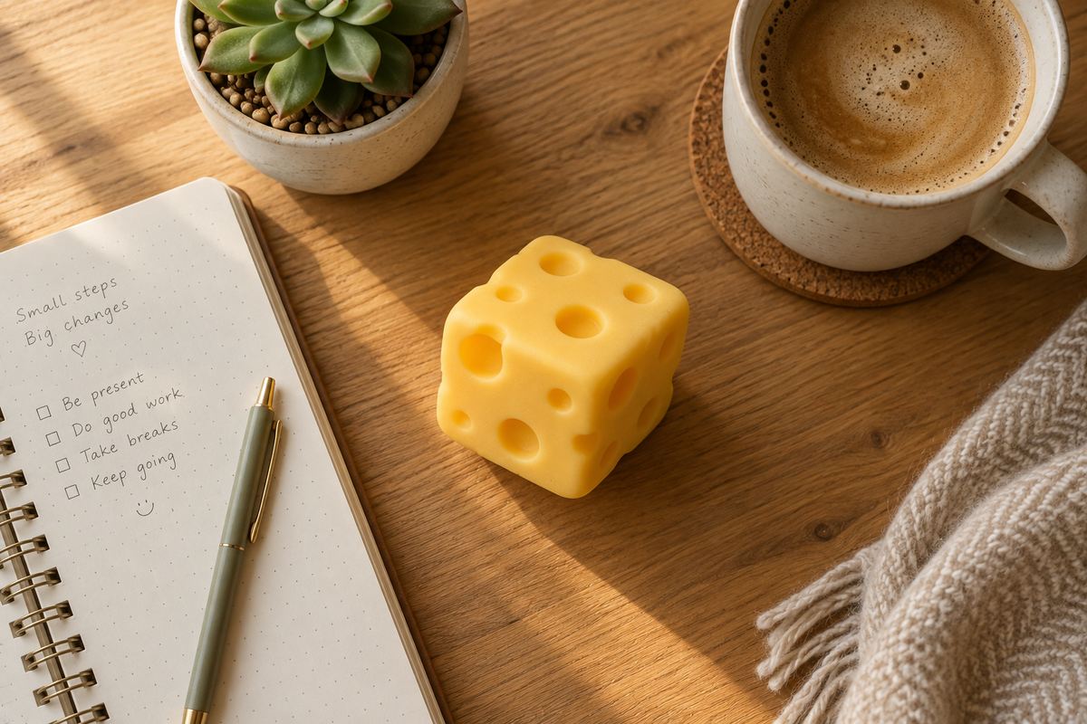 Squishy cheese cube fidget toy on a cozy desk flat lay with notebook and coffee