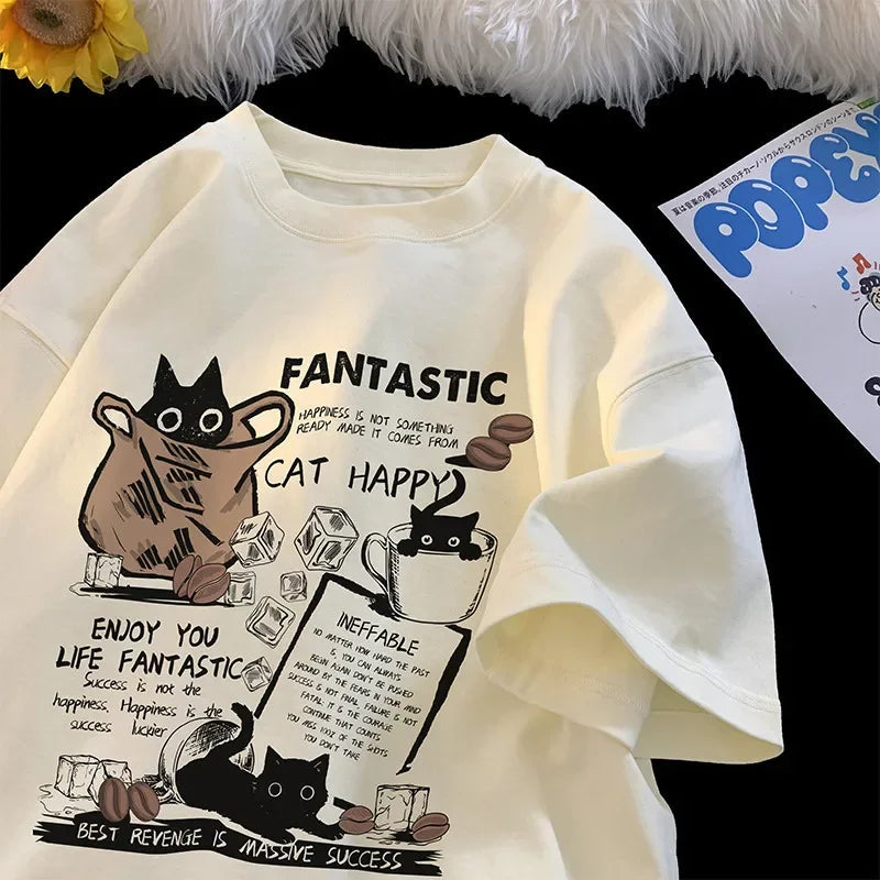 Cartoon Cat Graphic T-Shirt – Unisex Casual Tee