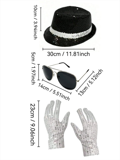 Pop-Star Costume Accessory Set – Sequin Fedora, Glove & Sunglasses