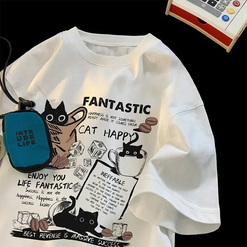 Cartoon Cat Graphic T-Shirt – Unisex Casual Tee