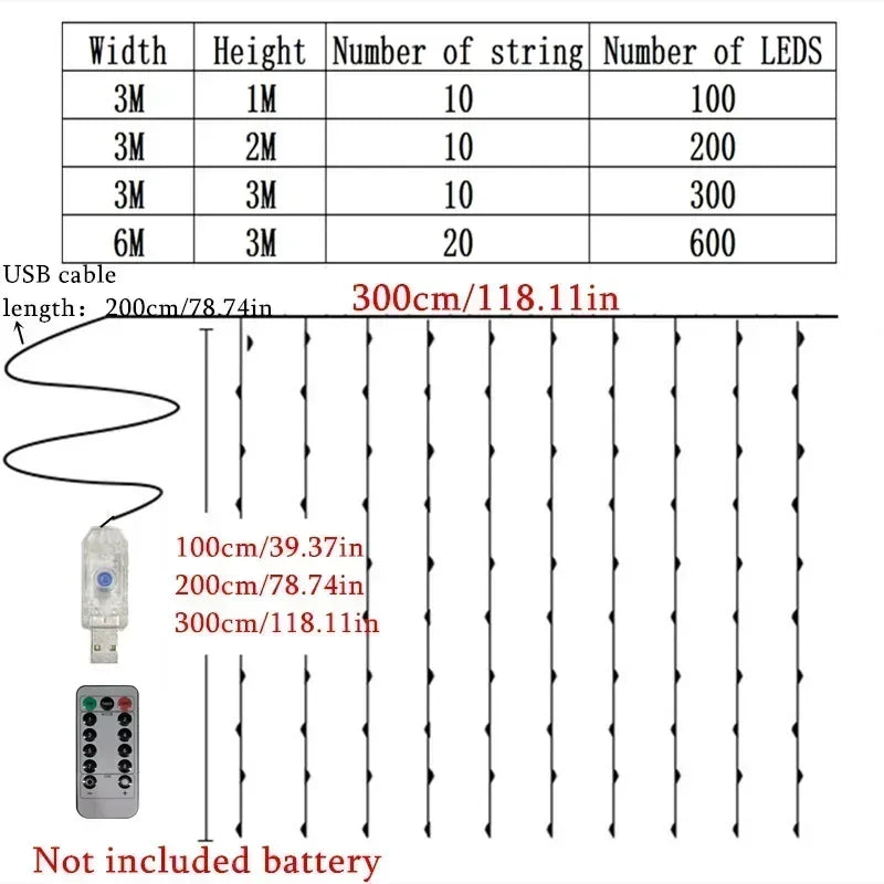 USB Christmas Curtain Lights with Remote – 8 Modes