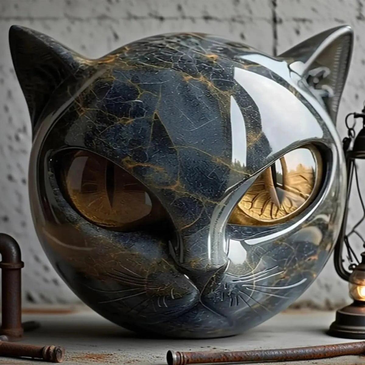 Black Marble-Look Cat Figurine – Resin Desk & Shelf Decor