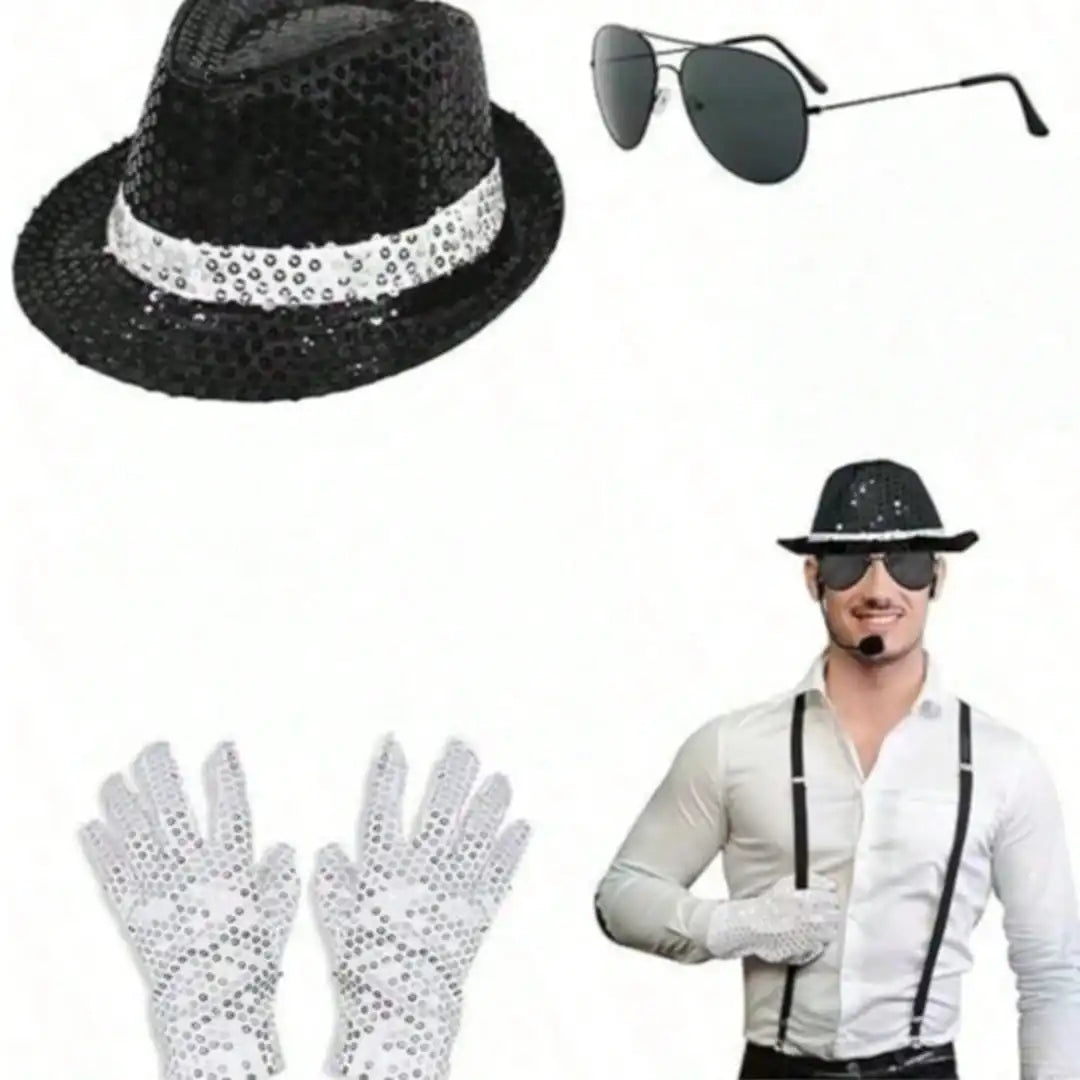 Pop-Star Costume Accessory Set – Sequin Fedora, Glove & Sunglasses