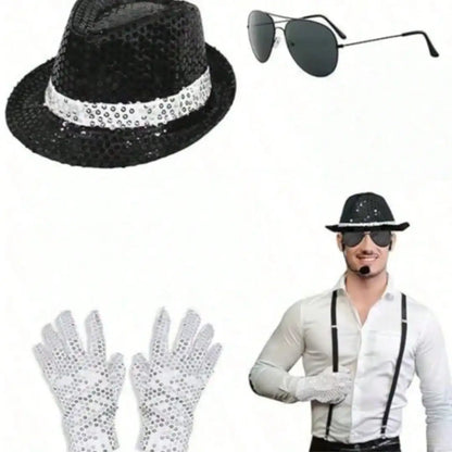 Pop-Star Costume Accessory Set – Sequin Fedora, Glove & Sunglasses