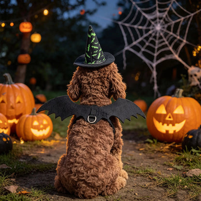 3-Piece Halloween Pet Costume Set – Witch Hat, Bat Wings & Bow Tie