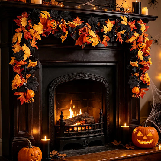 Black Fall Leaves & Pumpkin Halloween Garland