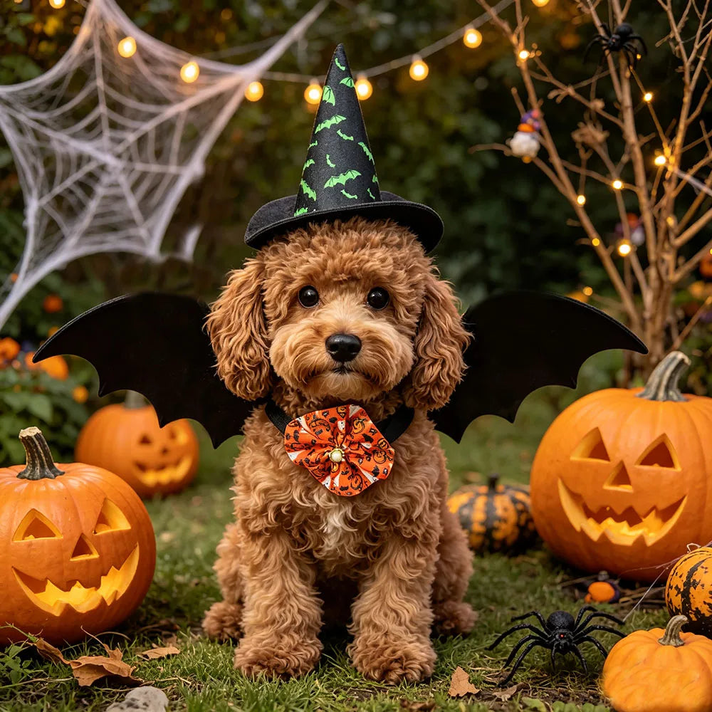 3-Piece Halloween Pet Costume Set – Witch Hat, Bat Wings & Bow Tie