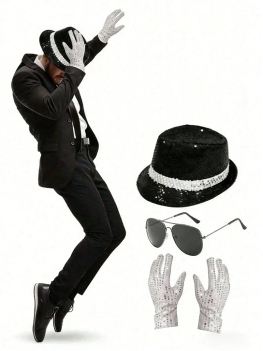 Pop-Star Costume Accessory Set – Sequin Fedora, Glove & Sunglasses