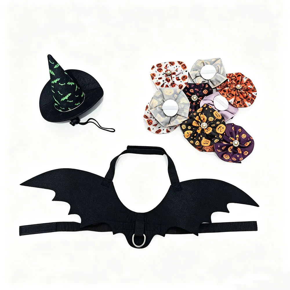 3-Piece Halloween Pet Costume Set – Witch Hat, Bat Wings & Bow Tie